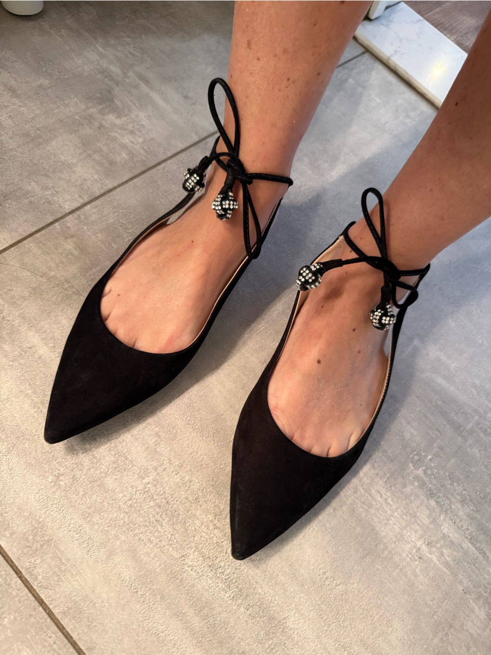 Aqua Black Pointed-Toe Lace-Up Flats with Beaded Tassels
